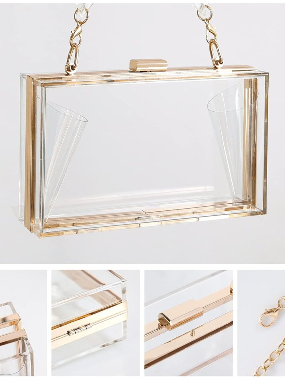Clear Acrylic Crossbody Purse - Stadium Approved Box Clutch with Gold Chain, Sma - Picture 5 of 6